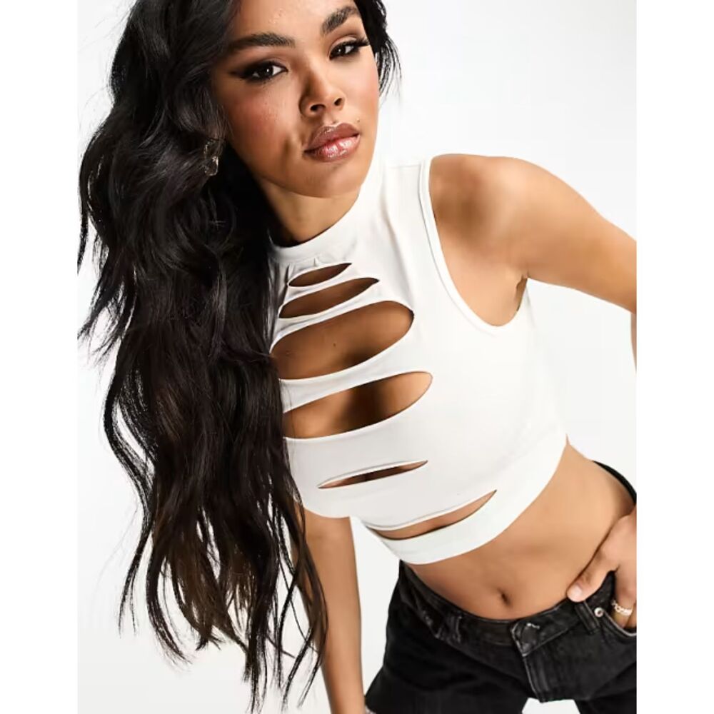 Sixth June cut out tank crop top in off white, ASOS